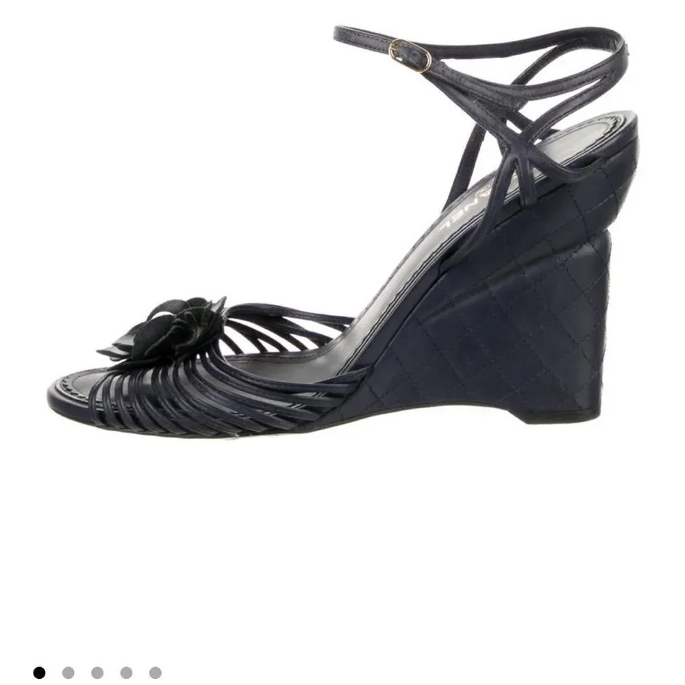 CHANEL Navy/ Black Wedge Sandals with High Heel and Strappy Design Sz 40